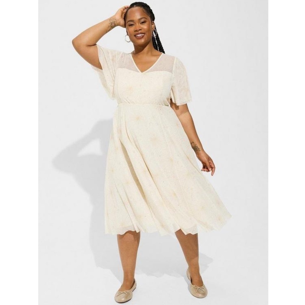 Nwt Torrid Midi Mesh Flutter Sleeve Starburst Dre… - image 1